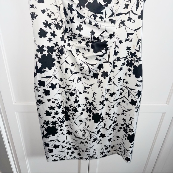 Kay Unger Satin Sleeveless Sheath Floral Black/ White Dress Portrait Collar 12 - Picture 5 of 11